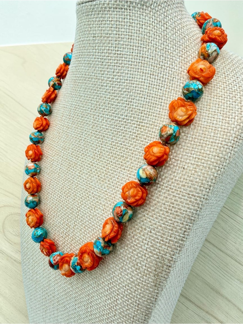Artisan Spiny Oyster Mohave Copper Turquoise Coral Roses Sterling Necklace 18” - Picture 6 of 17